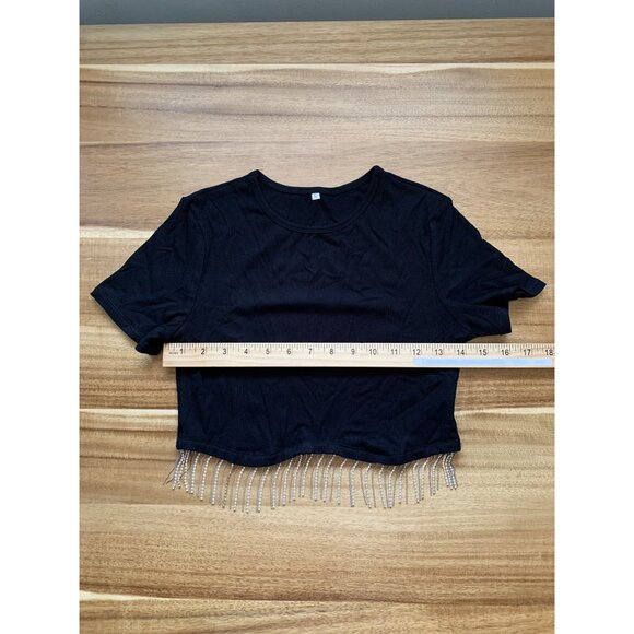 Juniors Slim Fit Black Cropped T-Shirt With Rhinestone Fringe Size Small - Picture 4 of 10